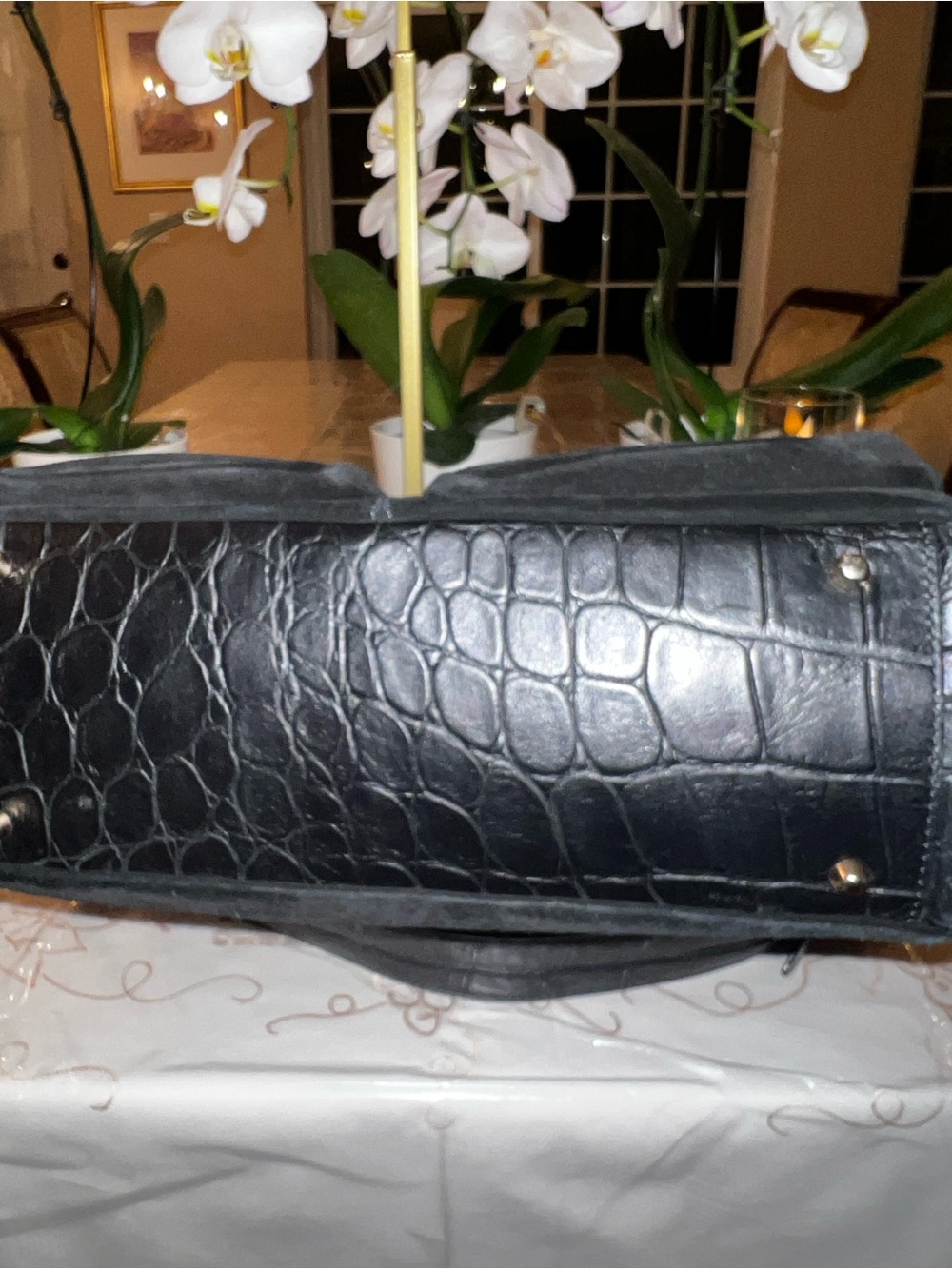 Furla Black Suede Croc Embossed Leather Shoulder Satchel Bag - Picture 12 of 14